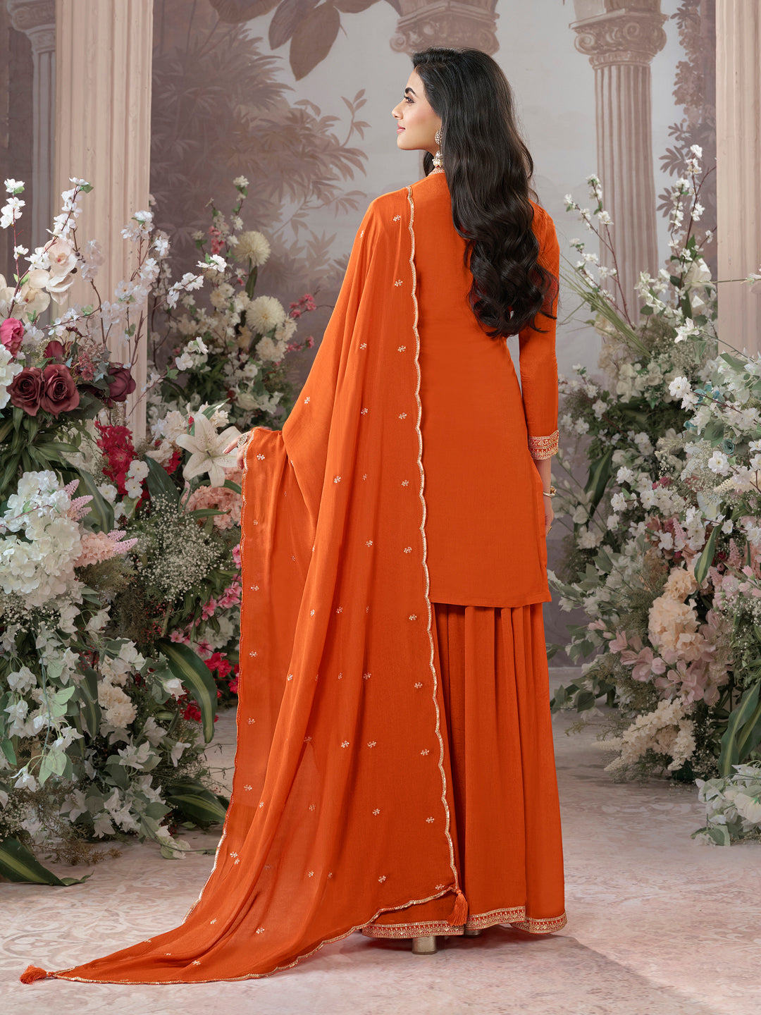 Orange Chinon Kurta Set with Heavy Jacquard Work Paired with Chinon Dupatta with Embroidered Work.