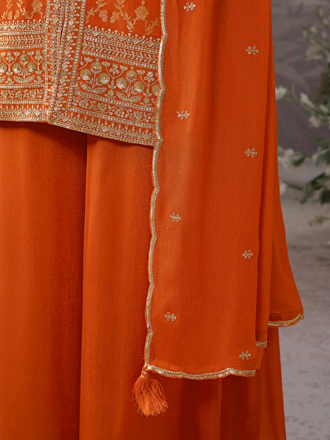 Orange Chinon Kurta Set with Heavy Jacquard Work Paired with Chinon Dupatta with Embroidered Work