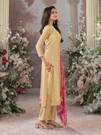 Beige Russian Silk Kurta Set Paired With Russian Silk Digital Printed Contrast Dupatta