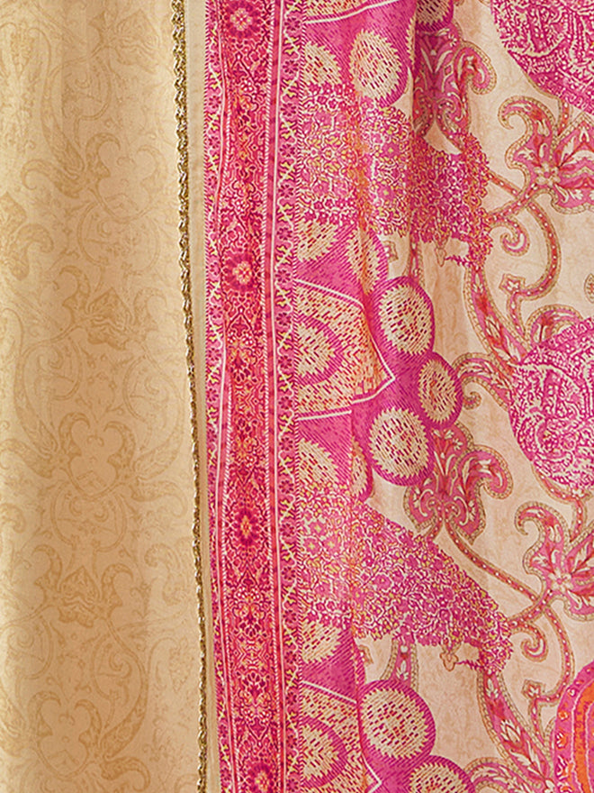 Beige Russian Silk Kurta Set Paired With Russian Silk Digital Printed Contrast Dupatta