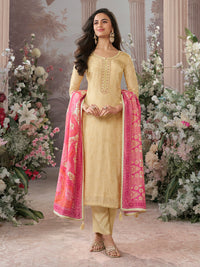 Beige Russian Silk Kurta Set Paired With Russian Silk Digital Printed Contrast Dupatta
