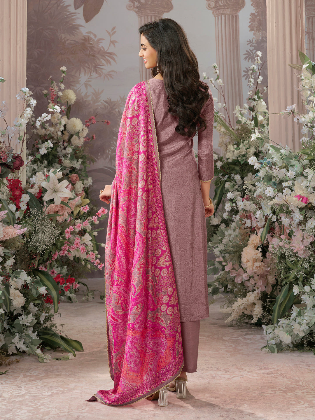 Dusty Rose Russian Silk Kurta Set Paired With Russian Silk Digital Printed Contrast Dupatta