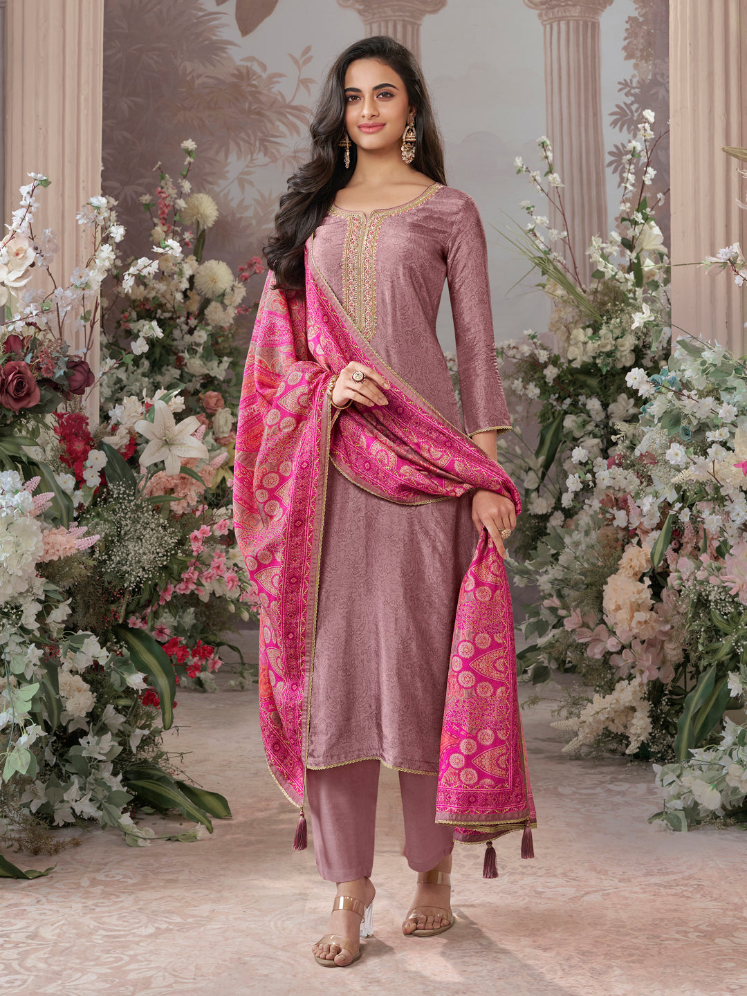 Dusty Rose Russian Silk Kurta Set Paired With Russian Silk Digital Printed Contrast Dupatta