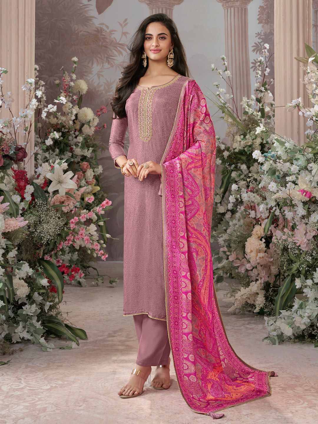 Dusty Rose Russian Silk Kurta Set Paired With Russian Silk Digital Printed Contrast Dupatta