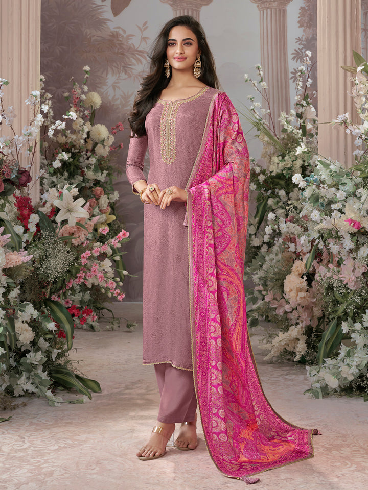 Dusty Rose Russian Silk Kurta Set Paired With Russian Silk Digital Printed Contrast Dupatta