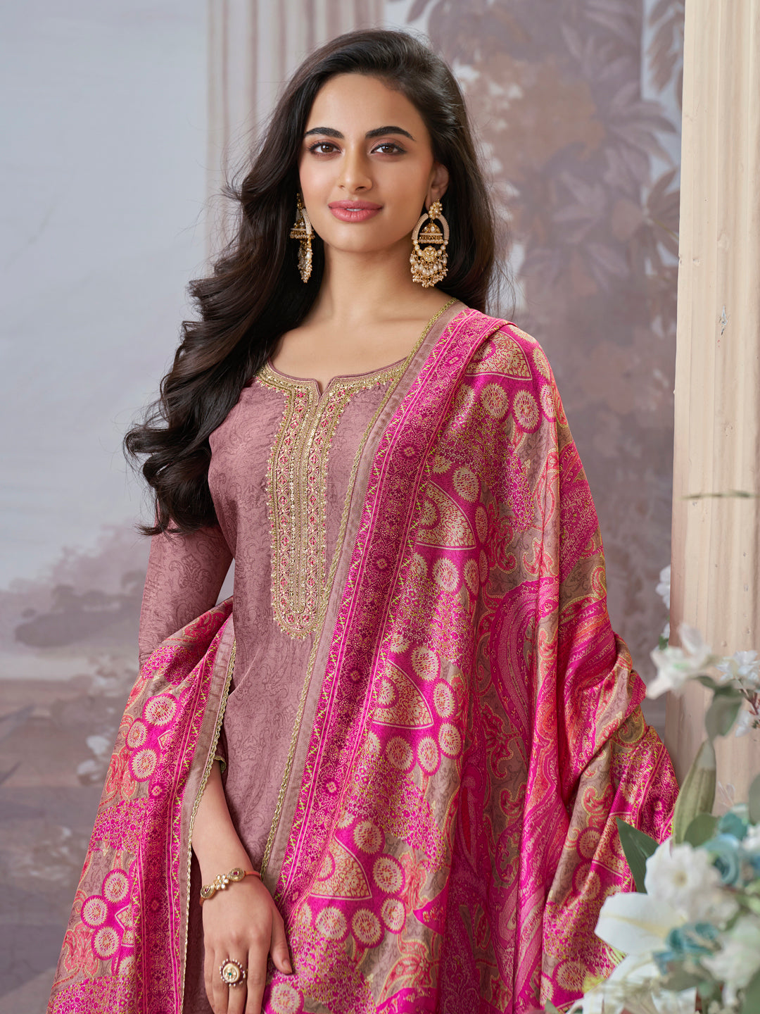 Dusty Rose Russian Silk Kurta Set Paired With Russian Silk Digital Printed Contrast Dupatta