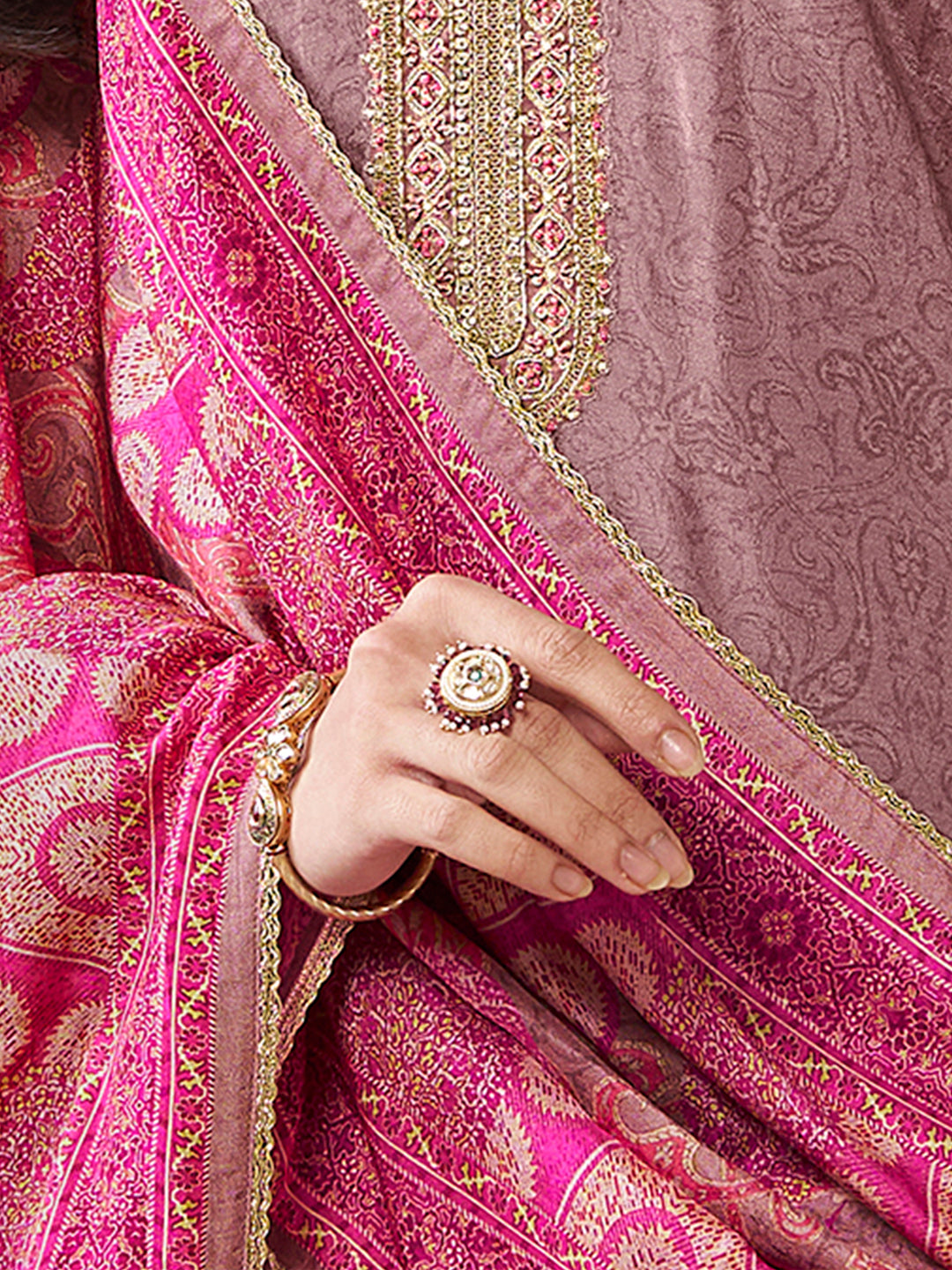 Dusty Rose Russian Silk Kurta Set Paired With Russian Silk Digital Printed Contrast Dupatta
