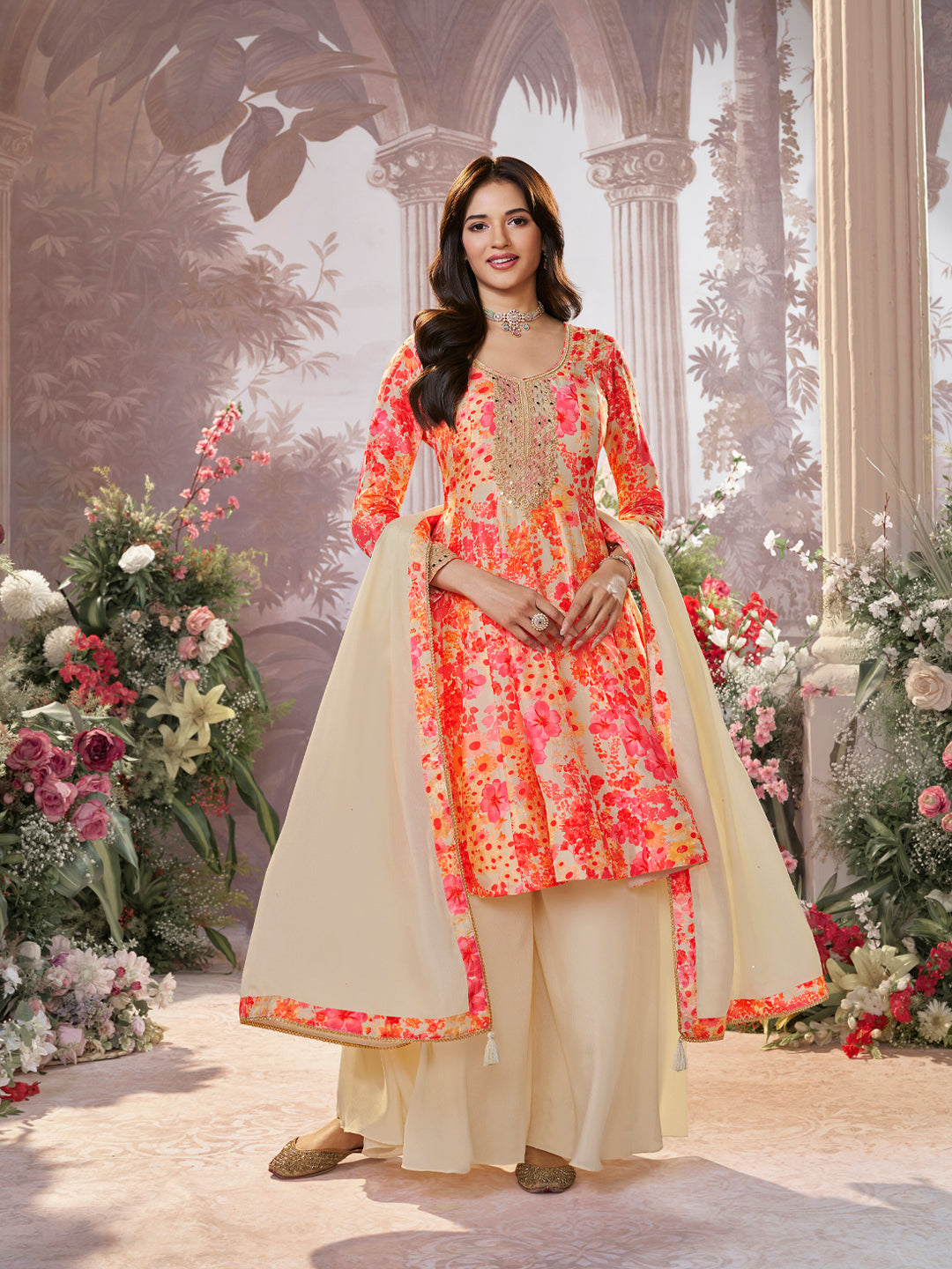 Off-White Pure Russian Silk Mirror Work Sharara Set paired with Chinon Dupatta with Digital Printed Borders