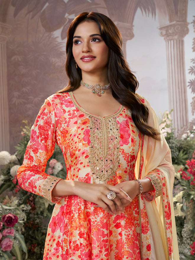 Off-White Pure Russian Silk Mirror Work Sharara Set paired with Chinon Dupatta with Digital Printed Borders