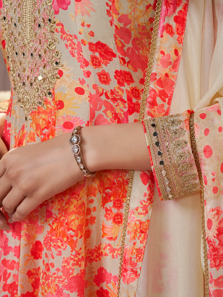 Off-White Pure Russian Silk Mirror Work Sharara Set paired with Chinon Dupatta with Digital Printed Borders