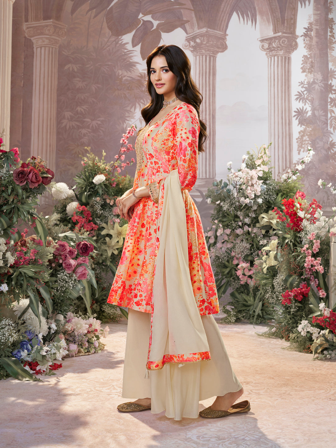 Off-White Pure Russian Silk Mirror Work Sharara Set paired with Chinon Dupatta with Digital Printed Borders