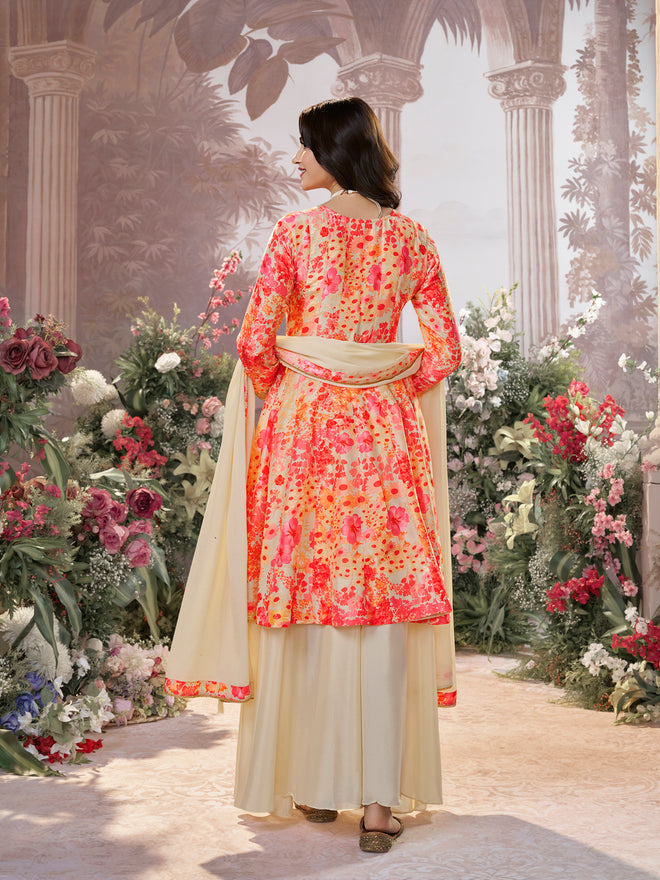 Off-White Pure Russian Silk Mirror Work Sharara Set paired with Chinon Dupatta with Digital Printed Borders