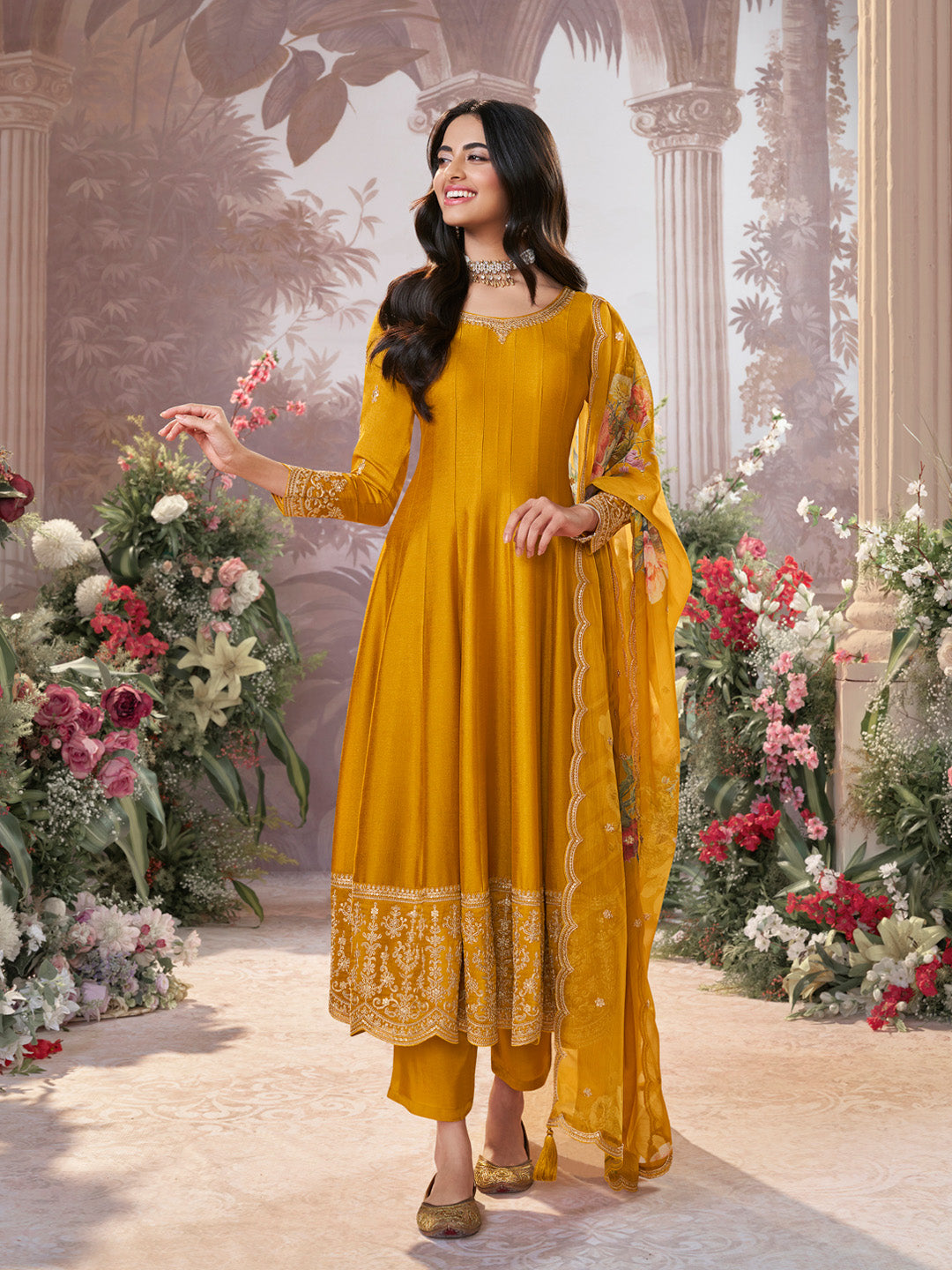 Mustard Vichitra Silk Embroidered Anarkali Set with Digital Printed Chiffon Dupatta