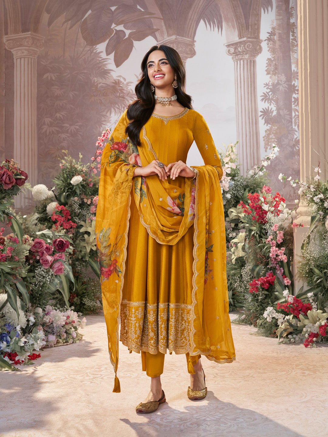 Mustard Vichitra Silk Embroidered Anarkali Set with Digital Printed Chiffon Dupatta