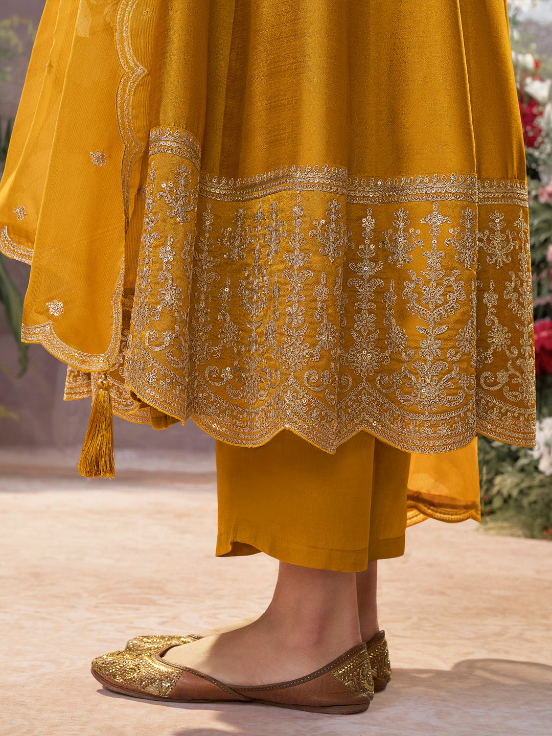 Mustard Vichitra Silk Embroidered Anarkali Set with Digital Printed Chiffon Dupatta