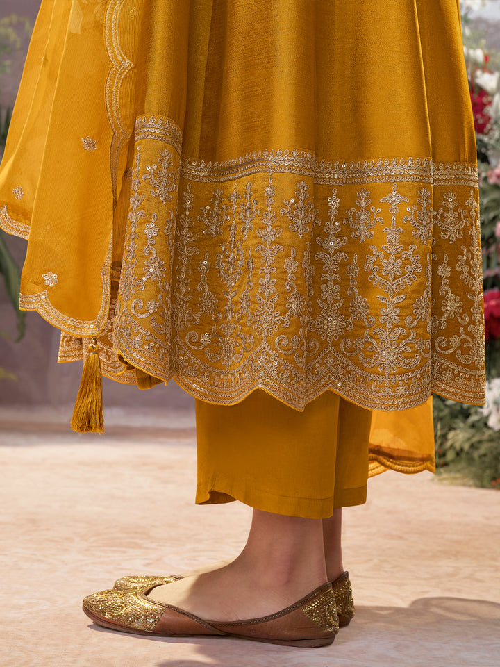 Mustard Vichitra Silk Embroidered Anarkali Set with Digital Printed Chiffon Dupatta