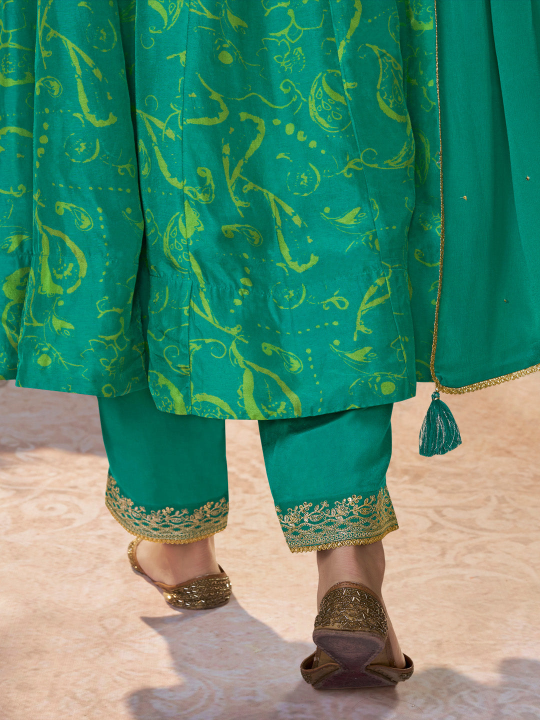Green Digital Printed Mirror Embroidered Anarkali Suit Set
