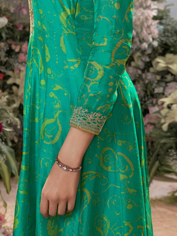 Green Digital Printed Mirror Embroidered Anarkali Suit Set
