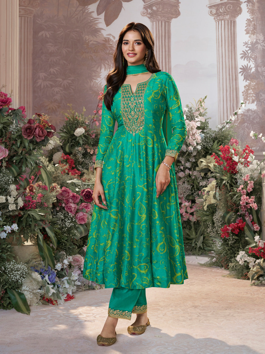 Green Digital Printed Mirror Embroidered Anarkali Suit Set