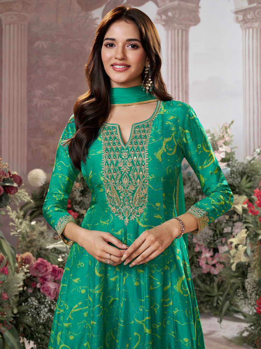 Green Digital Printed Mirror Embroidered Anarkali Suit Set