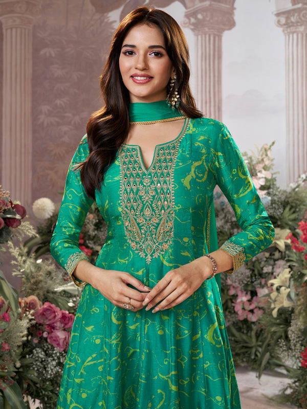 Green Digital Printed Mirror Embroidered Anarkali Suit Set
