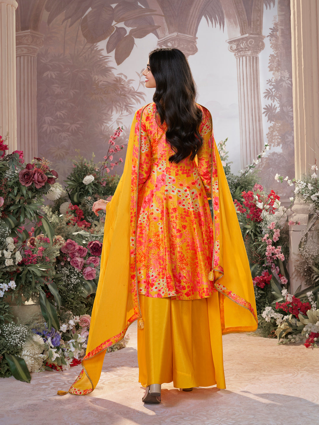 Mustard Pure Russian Silk Mirror Work Sharara Set paired with Chinon Dupatta with Digital Printed Borders