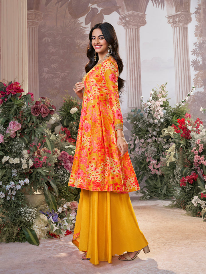 Mustard Pure Russian Silk Mirror Work Sharara Set paired with Chinon Dupatta with Digital Printed Borders