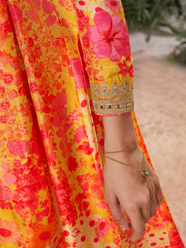 Mustard Pure Russian Silk Mirror Work Sharara Set paired with Chinon Dupatta with Digital Printed Borders