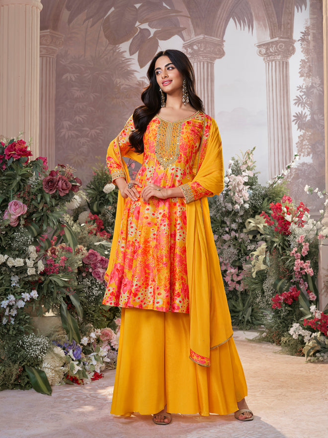 Mustard Pure Russian Silk Mirror Work Sharara Set paired with Chinon Dupatta with Digital Printed Borders
