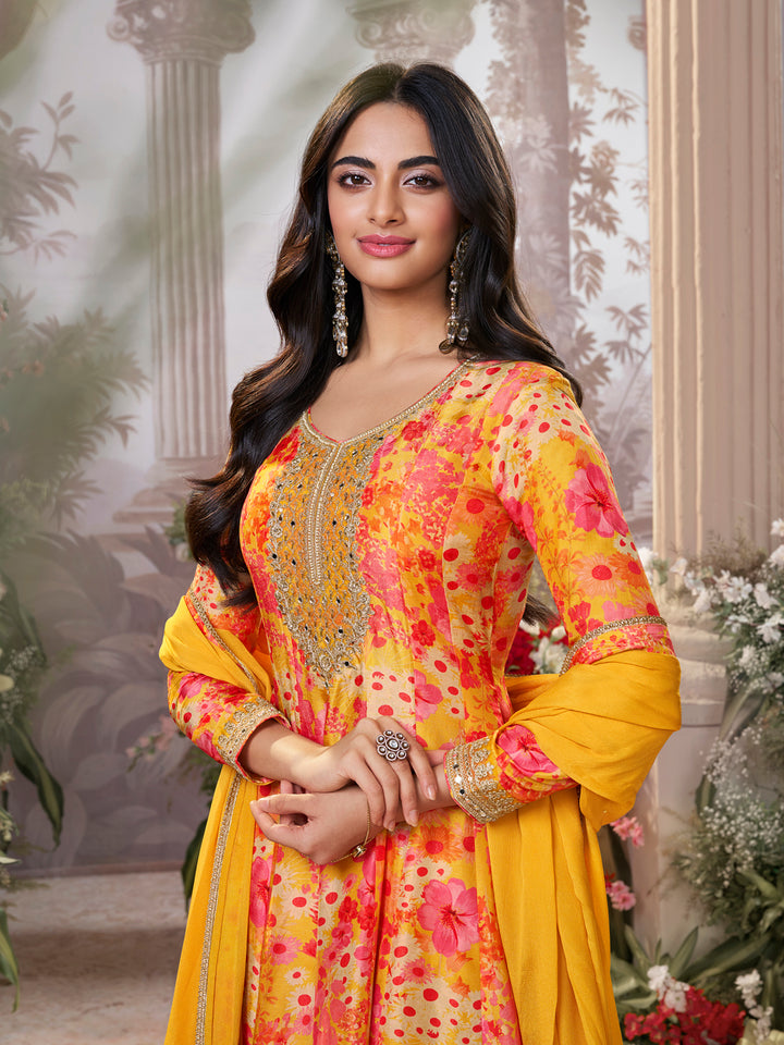Mustard Pure Russian Silk Mirror Work Sharara Set paired with Chinon Dupatta with Digital Printed Borders