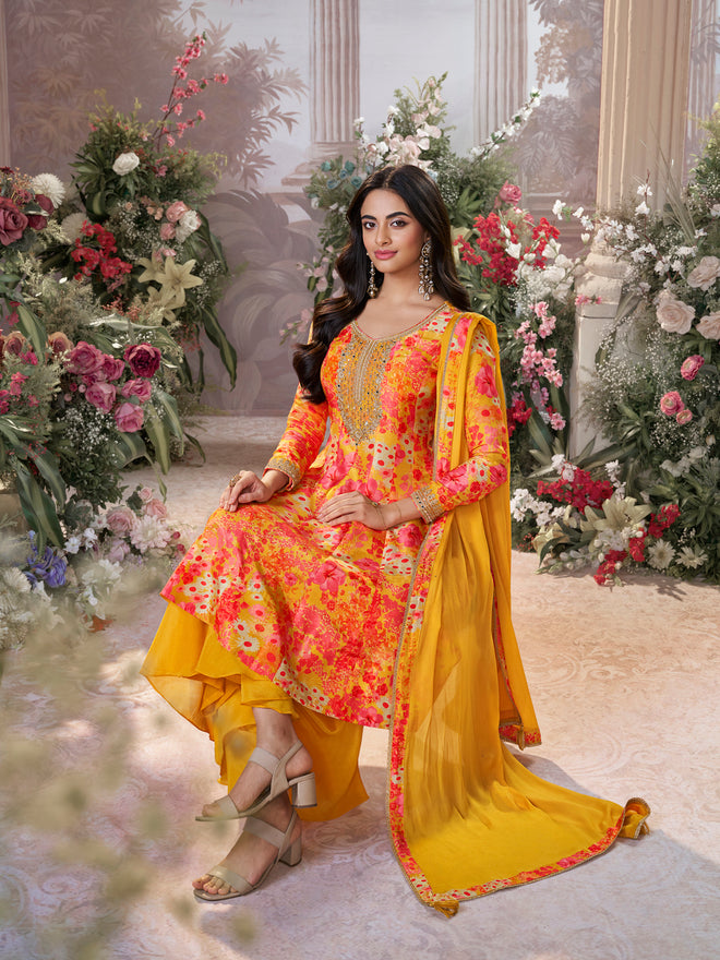 Mustard Pure Russian Silk Mirror Work Sharara Set paired with Chinon Dupatta with Digital Printed Borders