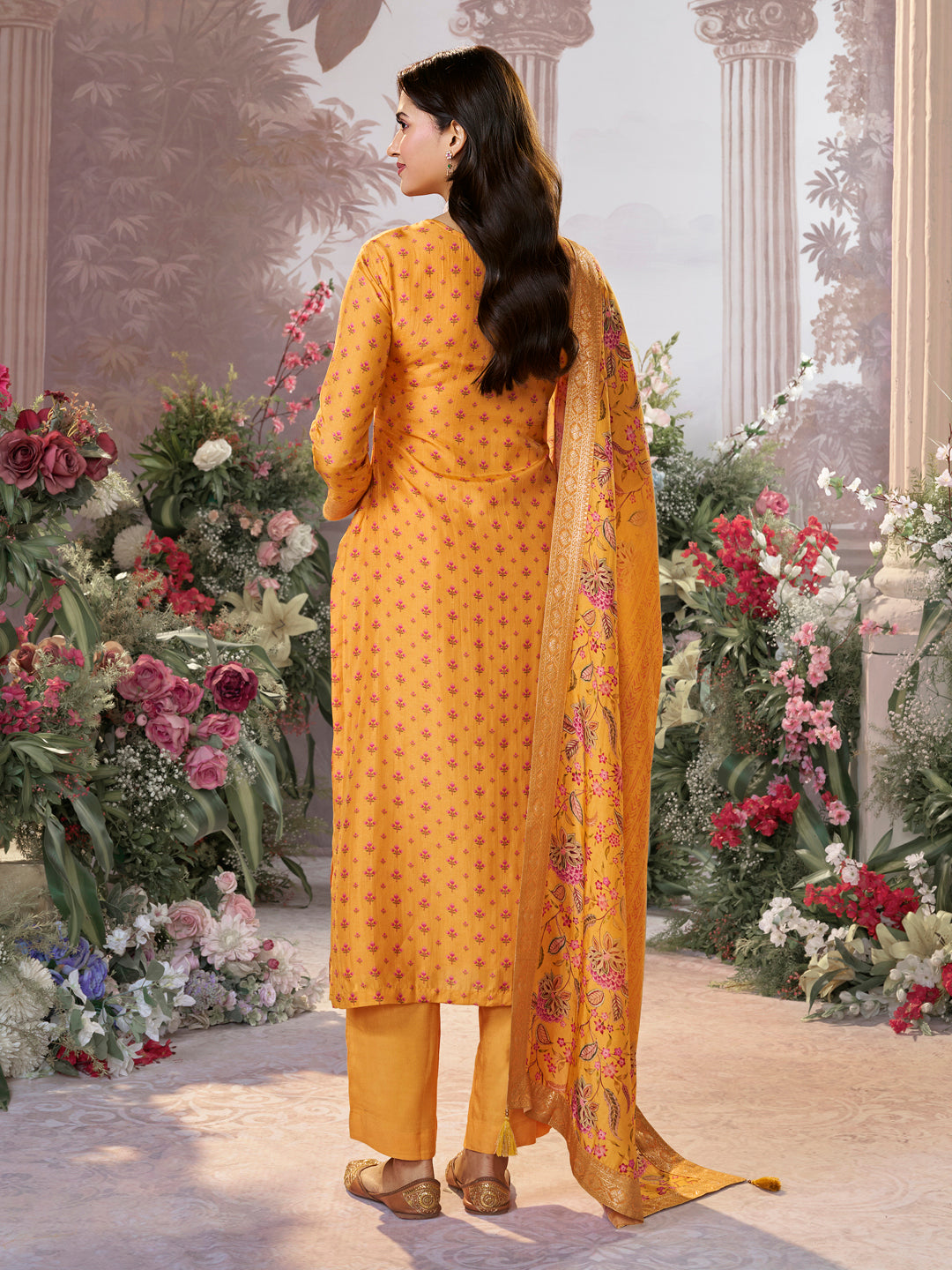 Yellow Russian Silk Kurta Set with Digital Print Work Paired with Russian Silk Digital Printed Duppatta