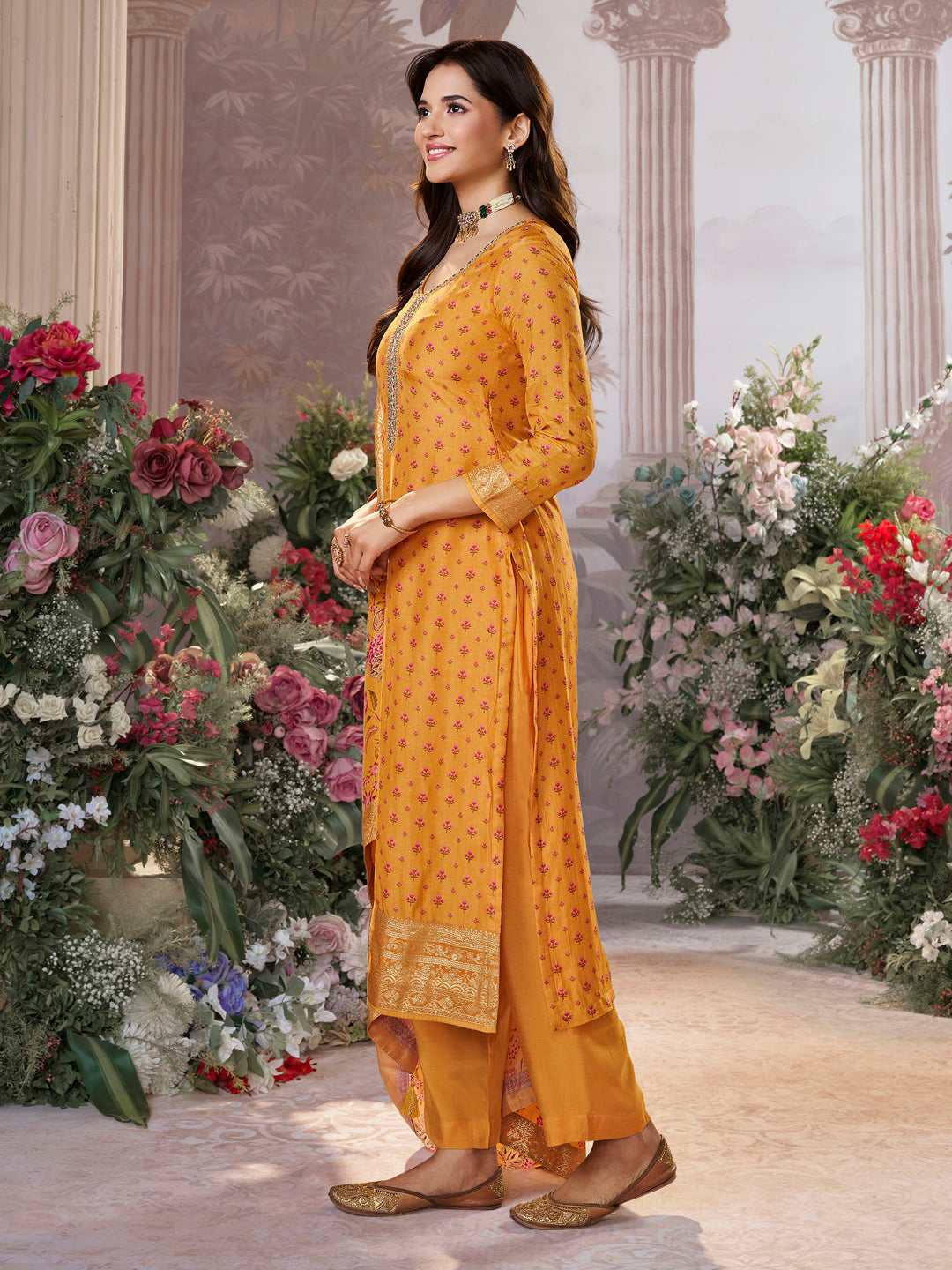 Yellow Russian Silk Kurta Set with Digital Print Work Paired with Russian Silk Digital Printed Duppatta