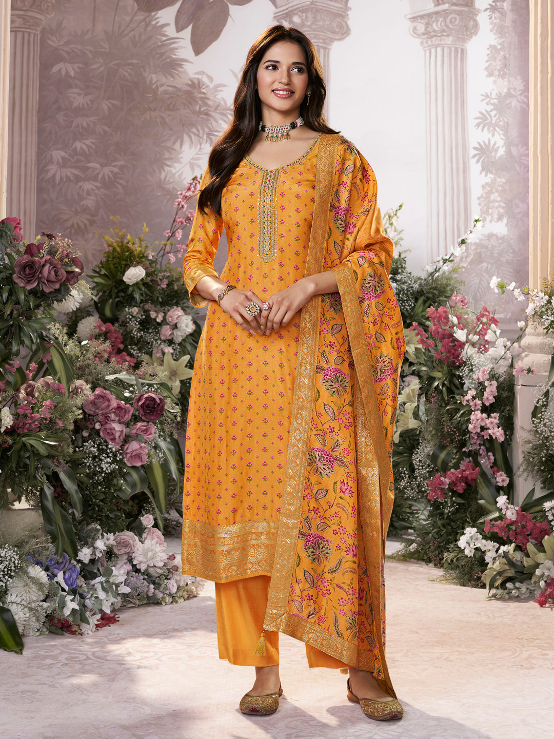 Yellow Russian Silk Kurta Set with Digital Print Work Paired with Russian Silk Digital Printed Duppatta