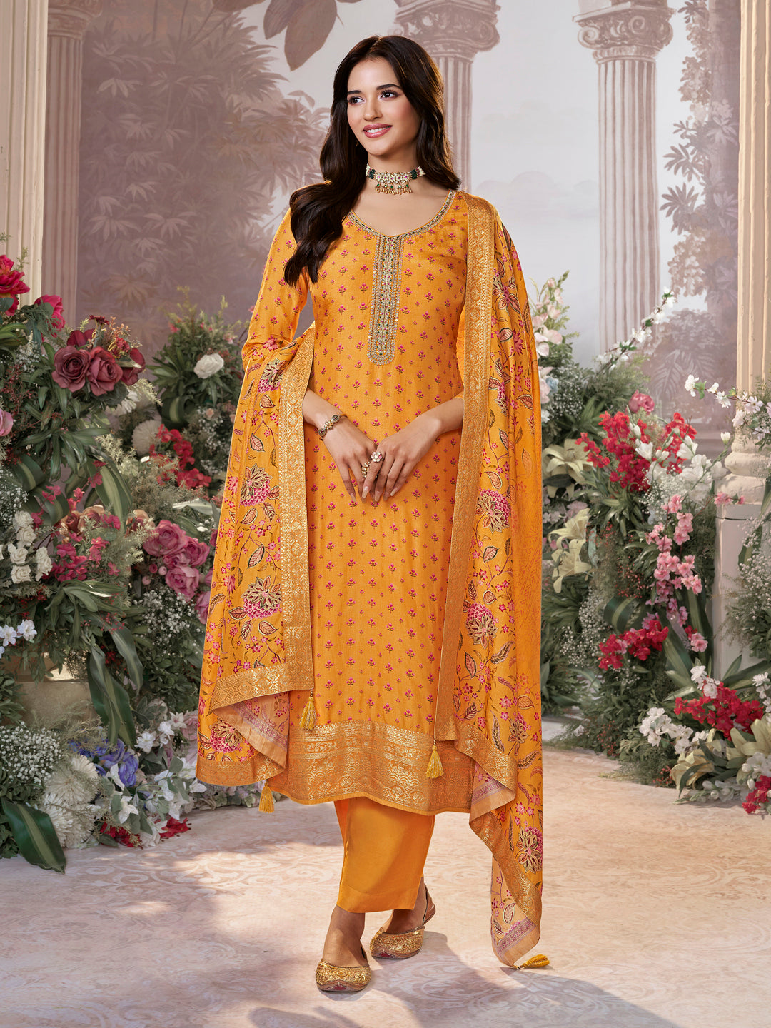 Yellow Russian Silk Kurta Set with Digital Print Work Paired with Russian Silk Digital Printed Duppatta