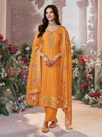 Yellow Russian Silk Kurta Set with Digital Print Work Paired with Russian Silk Digital Printed Duppatta
