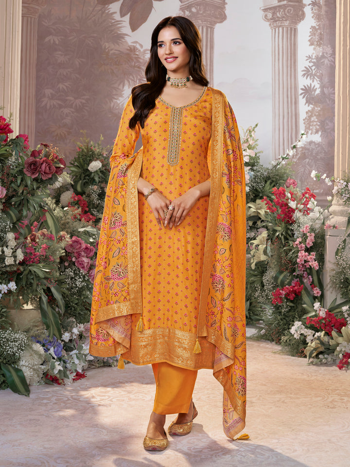 Yellow Russian Silk Kurta Set with Digital Print Work Paired with Russian Silk Digital Printed Duppatta
