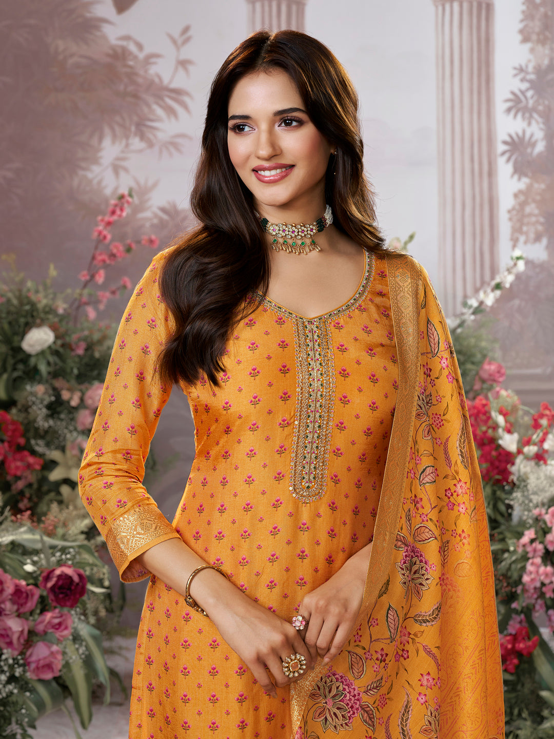 Yellow Russian Silk Kurta Set with Digital Print Work Paired with Russian Silk Digital Printed Duppatta