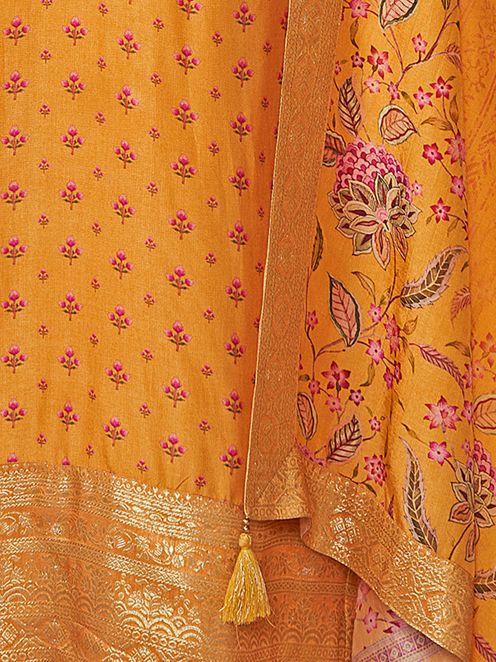 Yellow Russian Silk Kurta Set with Digital Print Work Paired with Russian Silk Digital Printed Duppatta