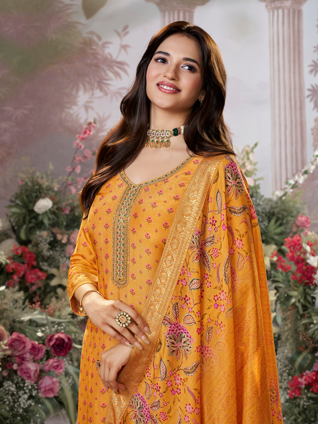 Yellow Russian Silk Kurta Set with Digital Print Work Paired with Russian Silk Digital Printed Duppatta