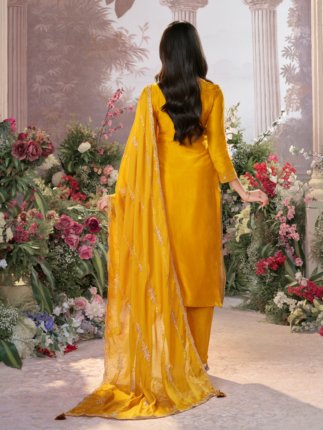 Mustard Dola Silk Fabric Kurta with Embroidered & Jacquard Work Paired with Rangoli Fabric Dupatta with Patterned Sequins Work.