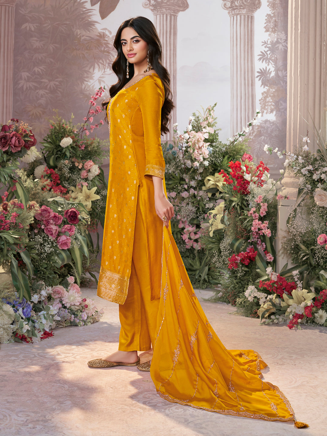 Mustard Dola Silk Fabric Kurta with Embroidered & Jacquard Work Paired with Rangoli Fabric Dupatta with Patterned Sequins Work.