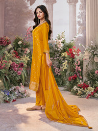 Mustard Dola Silk Fabric Kurta with Embroidered & Jacquard Work Paired with Rangoli Fabric Dupatta with Patterned Sequins Work