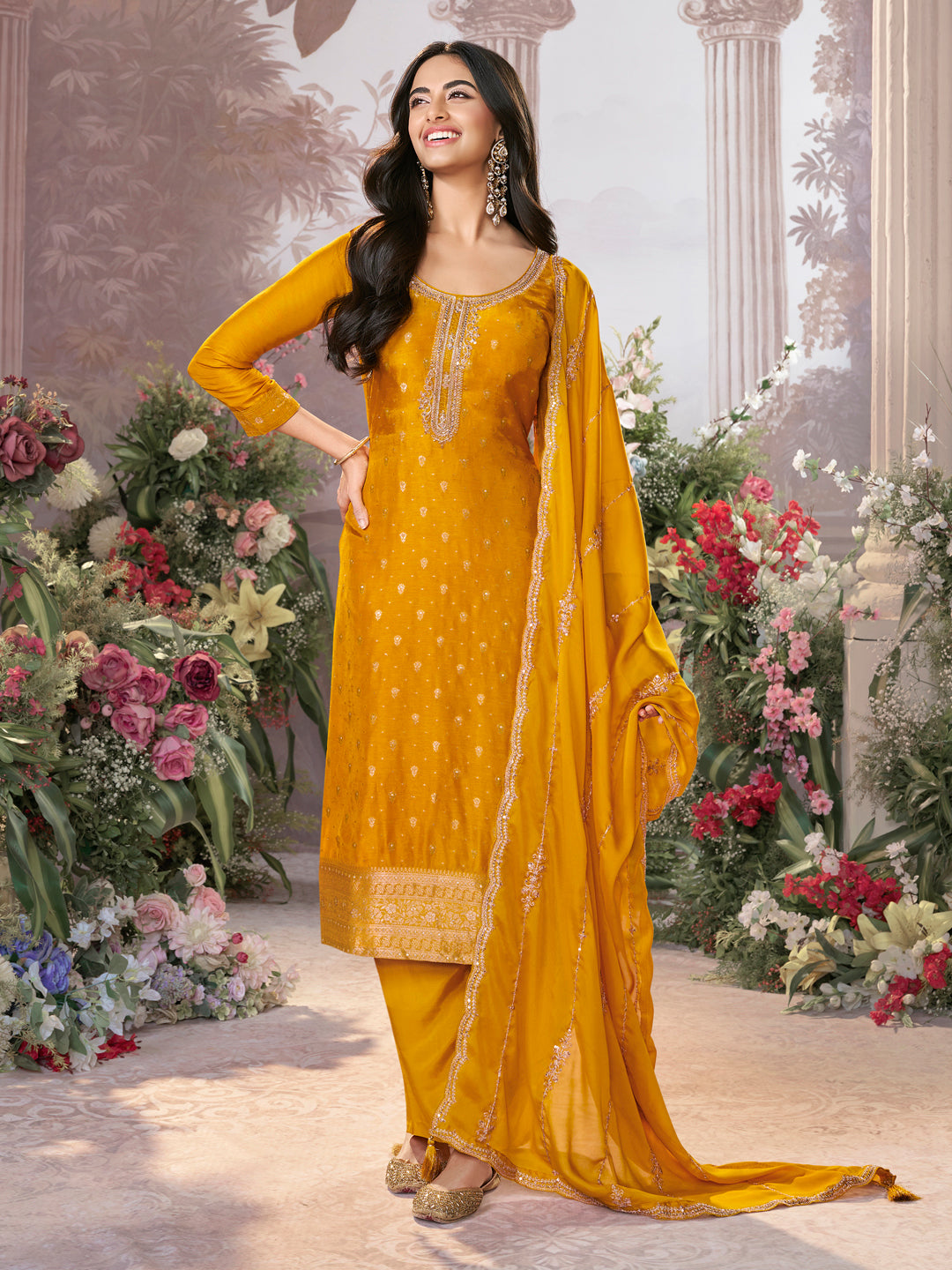 Mustard Dola Silk Fabric Kurta with Embroidered & Jacquard Work Paired with Rangoli Fabric Dupatta with Patterned Sequins Work.