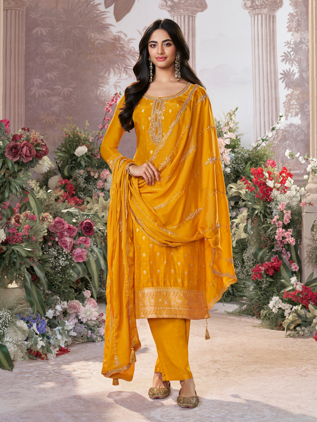 Mustard Dola Silk Fabric Kurta with Embroidered & Jacquard Work Paired with Rangoli Fabric Dupatta with Patterned Sequins Work.