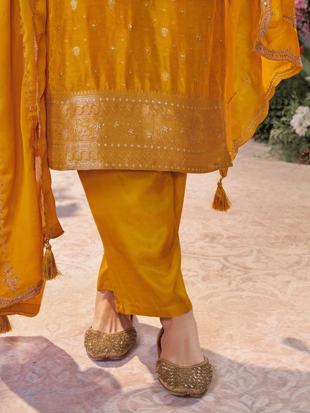 Mustard Dola Silk Fabric Kurta with Embroidered & Jacquard Work Paired with Rangoli Fabric Dupatta with Patterned Sequins Work.
