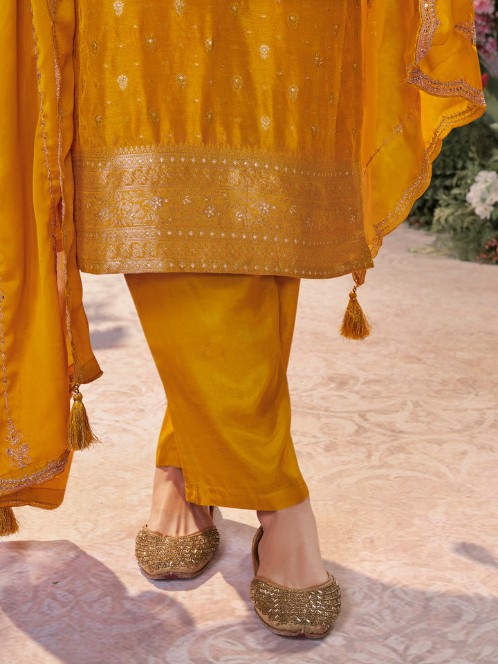 Mustard Dola Silk Fabric Kurta with Embroidered & Jacquard Work Paired with Rangoli Fabric Dupatta with Patterned Sequins Work.