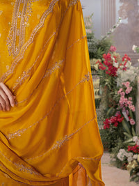 Mustard Dola Silk Fabric Kurta with Embroidered & Jacquard Work Paired with Rangoli Fabric Dupatta with Patterned Sequins Work