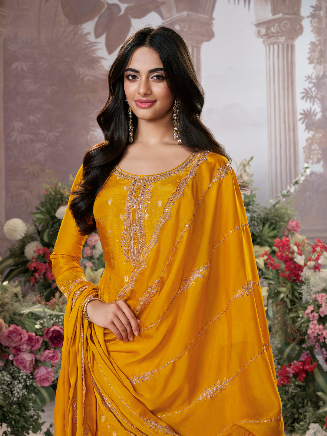 Mustard Dola Silk Fabric Kurta with Embroidered & Jacquard Work Paired with Rangoli Fabric Dupatta with Patterned Sequins Work.