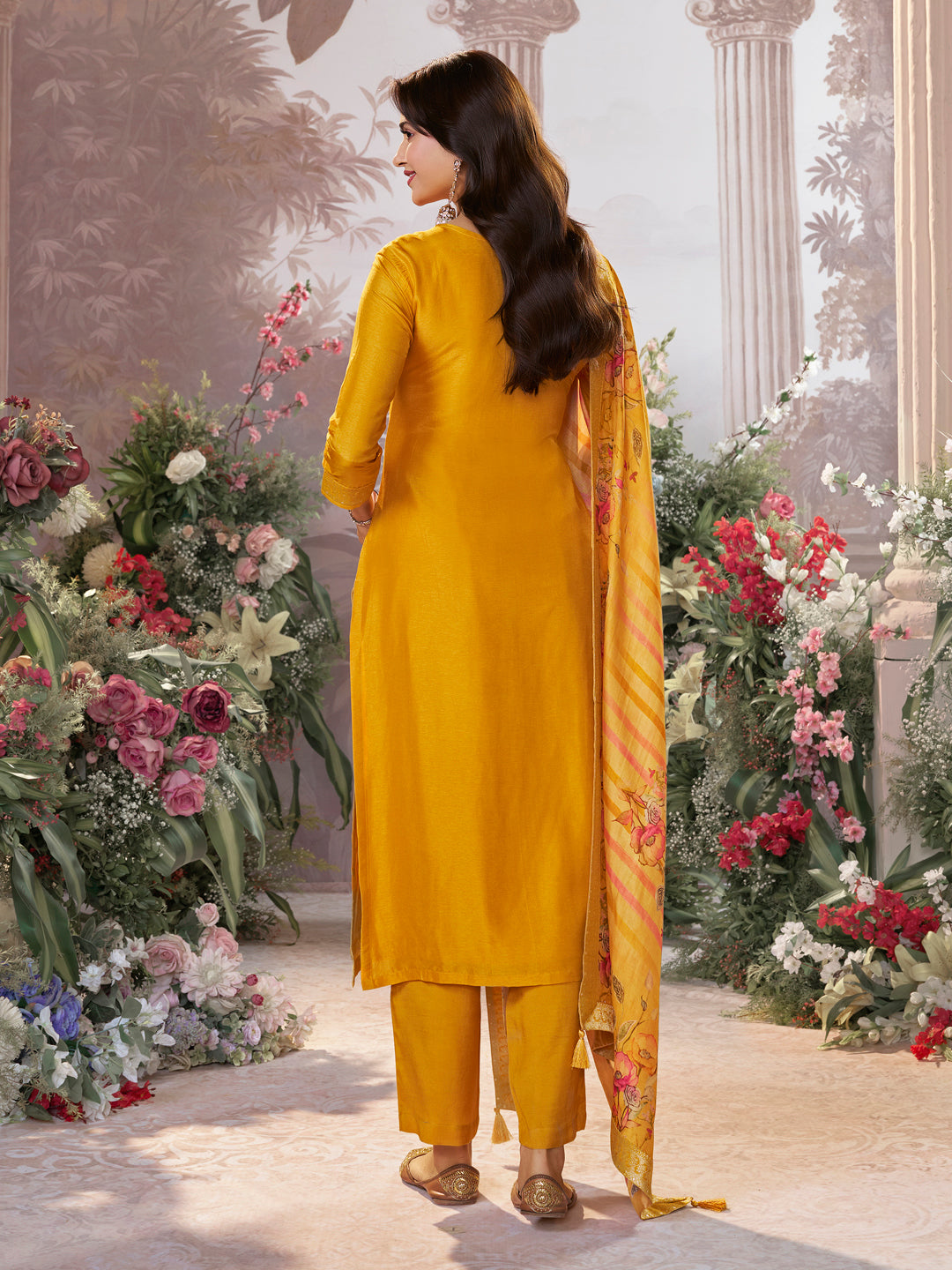 Yellow Dola Silk Kurta Set with Jacquard Detailing and Intricate Embroidery, Paired with a Cherry Silk Dupatta